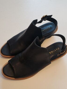 Patina Black Leather Open-Toe Slingback Sandals